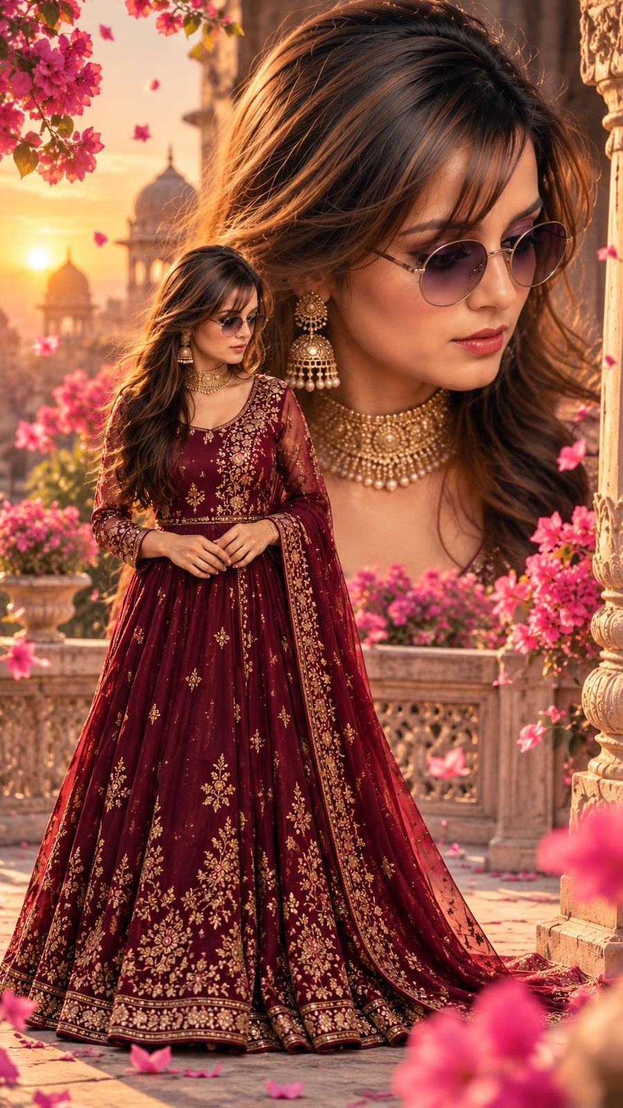A beautiful young woman in a long burgundy / dark maroon gown, with beautiful golden embroidery and design on the gown