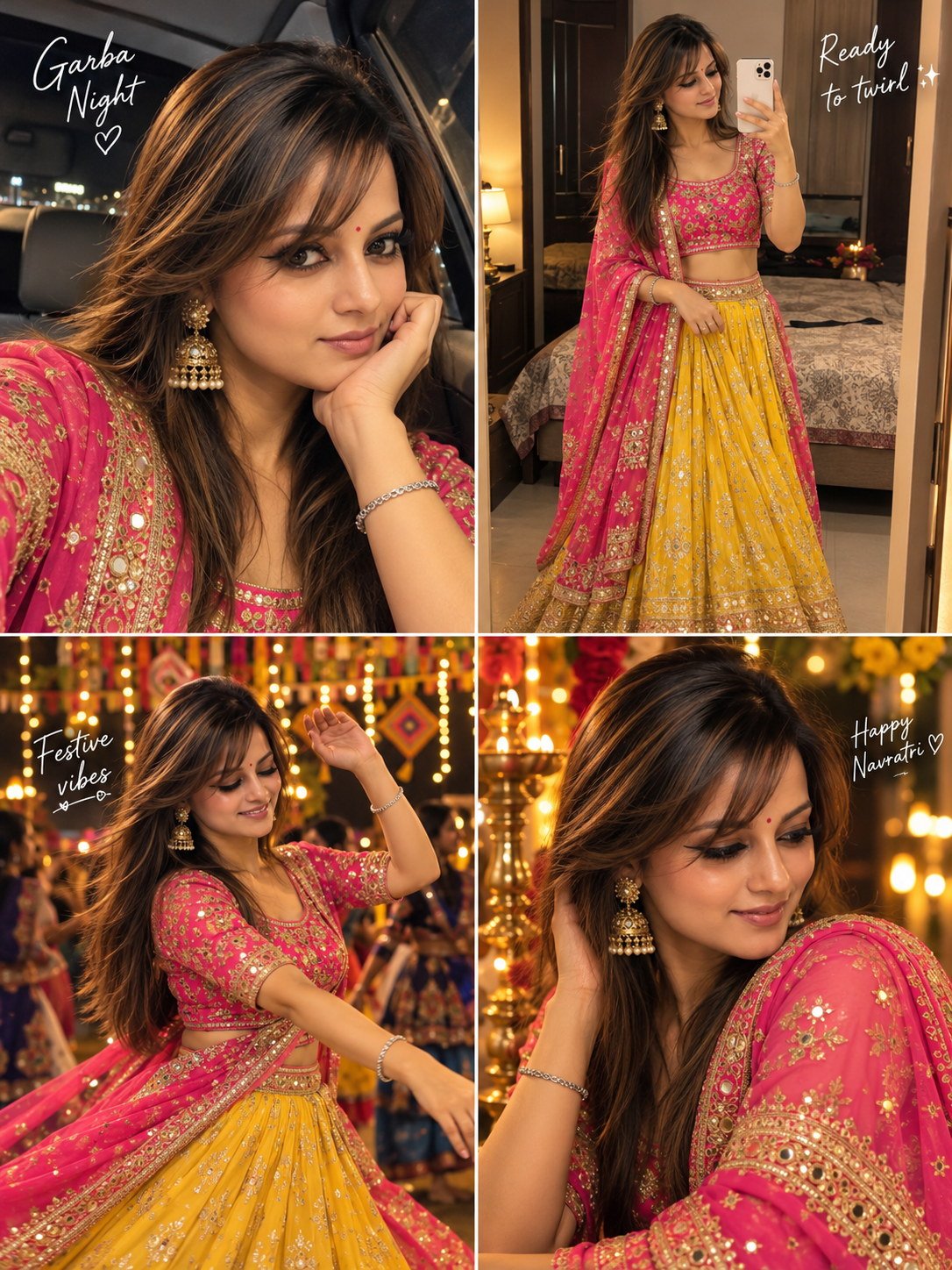 four-panel collage (2x2 grid) of a beautiful young South Asian woman